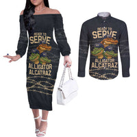 Ready To Serve Alligator Alcatraz Couples Matching Off The Shoulder Long Sleeve Dress and Long Sleeve Button Shirt - Wonder Print Shop