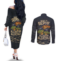 Ready To Serve Alligator Alcatraz Couples Matching Off The Shoulder Long Sleeve Dress and Long Sleeve Button Shirt - Wonder Print Shop