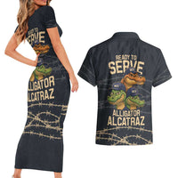 Ready To Serve Alligator Alcatraz Couples Matching Short Sleeve Bodycon Dress and Hawaiian Shirt - Wonder Print Shop