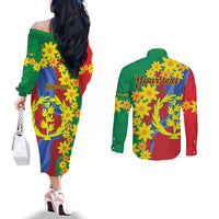 Eritrea New Year Personalized Couples Matching Off The Shoulder Long Sleeve Dress and Long Sleeve Button Shirt Enkutatash Adey Abeba Flower Art