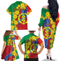 Eritrea New Year Personalized Family Matching Off The Shoulder Long Sleeve Dress and Hawaiian Shirt Enkutatash Adey Abeba Flower Art - Wonder Print Shop