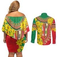 Ethiopian New Year Couples Matching Off Shoulder Short Dress and Long Sleeve Button Shirt Enkutatash Adey Abeba Flower Art LT9 - Wonder Print Shop