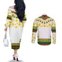 Enkutatash Dashiki and Adey Abeba Couples Matching Off The Shoulder Long Sleeve Dress and Long Sleeve Button Shirt