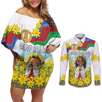 Happy Enkutatash Eritrea Personalized Couples Matching Off Shoulder Short Dress and Long Sleeve Button Shirt Beautiful Girl Adey Abeba Flower LT9 - Wonder Print Shop