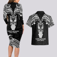 New Zealand Te Reo Maori Couples Matching Long Sleeve Bodycon Dress and Hawaiian Shirt Kia Kaha Maori Language Week Black Style LT9 - Wonder Print Shop