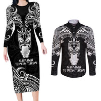New Zealand Te Reo Maori Couples Matching Long Sleeve Bodycon Dress and Long Sleeve Button Shirts Kia Kaha Maori Language Week Black Style LT9 - Wonder Print Shop