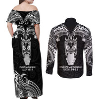 New Zealand Te Reo Maori Couples Matching Off Shoulder Maxi Dress and Long Sleeve Button Shirts Kia Kaha Maori Language Week Black Style LT9 - Wonder Print Shop
