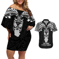 New Zealand Te Reo Maori Couples Matching Off Shoulder Short Dress and Hawaiian Shirt Kia Kaha Maori Language Week Black Style LT9 - Wonder Print Shop