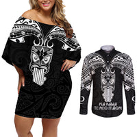 New Zealand Te Reo Maori Couples Matching Off Shoulder Short Dress and Long Sleeve Button Shirts Kia Kaha Maori Language Week Black Style LT9 - Wonder Print Shop