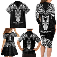 New Zealand Te Reo Maori Family Matching Long Sleeve Bodycon Dress and Hawaiian Shirt Kia Kaha Maori Language Week Black Style LT9 - Wonder Print Shop