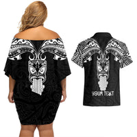 Personalised New Zealand Te Reo Maori Couples Matching Off Shoulder Short Dress and Hawaiian Shirt Kia Kaha Maori Language Week Black Style LT9 - Wonder Print Shop