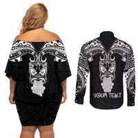 Personalised New Zealand Te Reo Maori Couples Matching Off Shoulder Short Dress and Long Sleeve Button Shirts Kia Kaha Maori Language Week Black Style LT9 - Wonder Print Shop