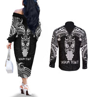 Personalised New Zealand Te Reo Maori Couples Matching Off The Shoulder Long Sleeve Dress and Long Sleeve Button Shirts Kia Kaha Maori Language Week Black Style LT9