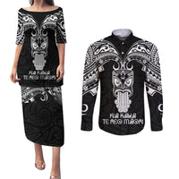 Personalised New Zealand Te Reo Maori Couples Matching Puletasi Dress and Long Sleeve Button Shirts Kia Kaha Maori Language Week Black Style LT9 - Wonder Print Shop