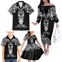 Personalised New Zealand Te Reo Maori Family Matching Off Shoulder Long Sleeve Dress and Hawaiian Shirt Kia Kaha Maori Language Week Black Style - Wonder Print Shop