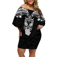 Personalised New Zealand Te Reo Maori Family Matching Off Shoulder Short Dress and Hawaiian Shirt Kia Kaha Maori Language Week Black Style LT9 - Wonder Print Shop
