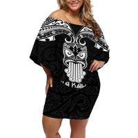 Personalised New Zealand Te Reo Maori Off Shoulder Short Dress Kia Kaha Maori Language Week Black Style - Wonder Print Shop
