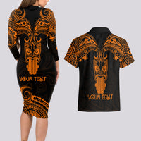 Personalised New Zealand Te Reo Maori Couples Matching Long Sleeve Bodycon Dress and Hawaiian Shirt Kia Kaha Maori Language Week Gold Style LT9 - Wonder Print Shop