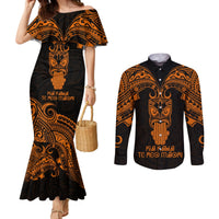 Personalised New Zealand Te Reo Maori Couples Matching Mermaid Dress and Long Sleeve Button Shirts Kia Kaha Maori Language Week Gold Style LT9