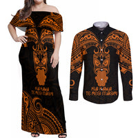 Personalised New Zealand Te Reo Maori Couples Matching Off Shoulder Maxi Dress and Long Sleeve Button Shirts Kia Kaha Maori Language Week Gold Style LT9 - Wonder Print Shop