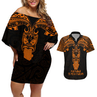 Personalised New Zealand Te Reo Maori Couples Matching Off Shoulder Short Dress and Hawaiian Shirt Kia Kaha Maori Language Week Gold Style LT9 - Wonder Print Shop