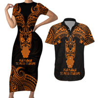 Personalised New Zealand Te Reo Maori Couples Matching Short Sleeve Bodycon Dress and Hawaiian Shirt Kia Kaha Maori Language Week Gold Style LT9 - Wonder Print Shop