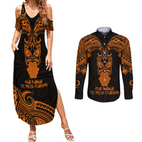 Personalised New Zealand Te Reo Maori Couples Matching Summer Maxi Dress and Long Sleeve Button Shirts Kia Kaha Maori Language Week Gold Style LT9 - Wonder Print Shop