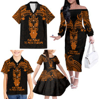 Personalised New Zealand Te Reo Maori Family Matching Off Shoulder Long Sleeve Dress and Hawaiian Shirt Kia Kaha Maori Language Week Gold Style - Wonder Print Shop