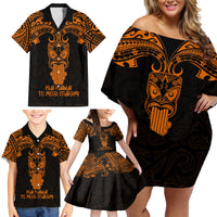 Personalised New Zealand Te Reo Maori Family Matching Off Shoulder Short Dress and Hawaiian Shirt Kia Kaha Maori Language Week Gold Style LT9 - Wonder Print Shop