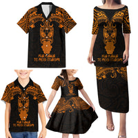 Personalised New Zealand Te Reo Maori Family Matching Puletasi Dress and Hawaiian Shirt Kia Kaha Maori Language Week Gold Style - Wonder Print Shop