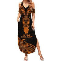 Personalised New Zealand Te Reo Maori Family Matching Summer Maxi Dress and Hawaiian Shirt Kia Kaha Maori Language Week Gold Style - Wonder Print Shop