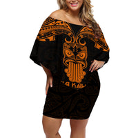 Personalised New Zealand Te Reo Maori Off Shoulder Short Dress Kia Kaha Maori Language Week Gold Style - Wonder Print Shop