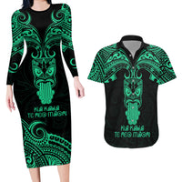 Personalised New Zealand Te Reo Maori Couples Matching Long Sleeve Bodycon Dress and Hawaiian Shirt Kia Kaha Maori Language Week Green Style LT9 - Wonder Print Shop