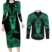 Personalised New Zealand Te Reo Maori Couples Matching Long Sleeve Bodycon Dress and Long Sleeve Button Shirts Kia Kaha Maori Language Week Green Style LT9 - Wonder Print Shop