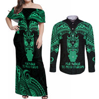 Personalised New Zealand Te Reo Maori Couples Matching Off Shoulder Maxi Dress and Long Sleeve Button Shirts Kia Kaha Maori Language Week Green Style LT9 - Wonder Print Shop