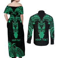 Personalised New Zealand Te Reo Maori Couples Matching Off Shoulder Maxi Dress and Long Sleeve Button Shirts Kia Kaha Maori Language Week Green Style LT9 - Wonder Print Shop