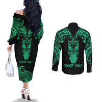 Personalised New Zealand Te Reo Maori Couples Matching Off The Shoulder Long Sleeve Dress and Long Sleeve Button Shirts Kia Kaha Maori Language Week Green Style LT9