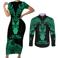 Personalised New Zealand Te Reo Maori Couples Matching Short Sleeve Bodycon Dress and Long Sleeve Button Shirts Kia Kaha Maori Language Week Green Style LT9 - Wonder Print Shop