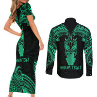 Personalised New Zealand Te Reo Maori Couples Matching Short Sleeve Bodycon Dress and Long Sleeve Button Shirts Kia Kaha Maori Language Week Green Style LT9 - Wonder Print Shop