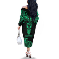 Personalised New Zealand Te Reo Maori Family Matching Off Shoulder Long Sleeve Dress and Hawaiian Shirt Kia Kaha Maori Language Week Green Style - Wonder Print Shop