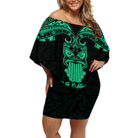 Personalised New Zealand Te Reo Maori Off Shoulder Short Dress Kia Kaha Maori Language Week Green Style - Wonder Print Shop