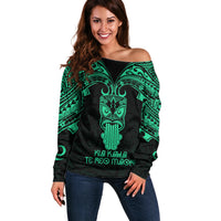 Personalised New Zealand Te Reo Maori Off Shoulder Sweater Kia Kaha Maori Language Week Green Style - Wonder Print Shop