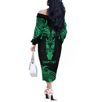 Personalised New Zealand Te Reo Maori Off The Shoulder Long Sleeve Dress Kia Kaha Maori Language Week Green Style - Wonder Print Shop