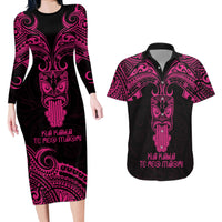Personalised New Zealand Te Reo Maori Couples Matching Long Sleeve Bodycon Dress and Hawaiian Shirt Kia Kaha Maori Language Week Pink Style LT9 - Wonder Print Shop