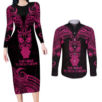 Personalised New Zealand Te Reo Maori Couples Matching Long Sleeve Bodycon Dress and Long Sleeve Button Shirts Kia Kaha Maori Language Week Pink Style LT9 - Wonder Print Shop