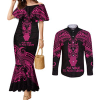 Personalised New Zealand Te Reo Maori Couples Matching Mermaid Dress and Long Sleeve Button Shirts Kia Kaha Maori Language Week Pink Style LT9
