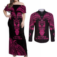 Personalised New Zealand Te Reo Maori Couples Matching Off Shoulder Maxi Dress and Long Sleeve Button Shirts Kia Kaha Maori Language Week Pink Style LT9 - Wonder Print Shop