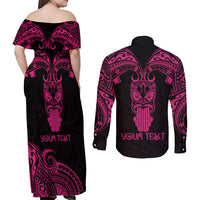 Personalised New Zealand Te Reo Maori Couples Matching Off Shoulder Maxi Dress and Long Sleeve Button Shirts Kia Kaha Maori Language Week Pink Style LT9 - Wonder Print Shop
