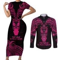 Personalised New Zealand Te Reo Maori Couples Matching Short Sleeve Bodycon Dress and Long Sleeve Button Shirts Kia Kaha Maori Language Week Pink Style LT9 - Wonder Print Shop