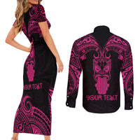 Personalised New Zealand Te Reo Maori Couples Matching Short Sleeve Bodycon Dress and Long Sleeve Button Shirts Kia Kaha Maori Language Week Pink Style LT9 - Wonder Print Shop